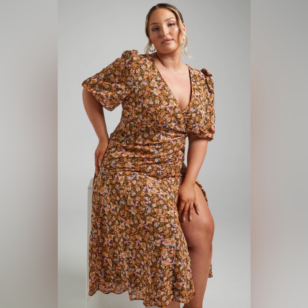 Showpo Loree Puff Sleve Midi Dress in Black Floral - Size US 14 - NWT